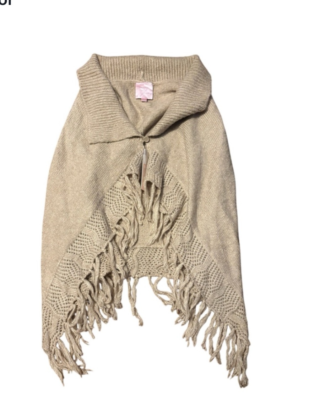 Romeo & Juliet Beige Fringe Sweater Poncho Vest Shawl Boho Cozy Knit NWT Medium - Picture 3 of 6